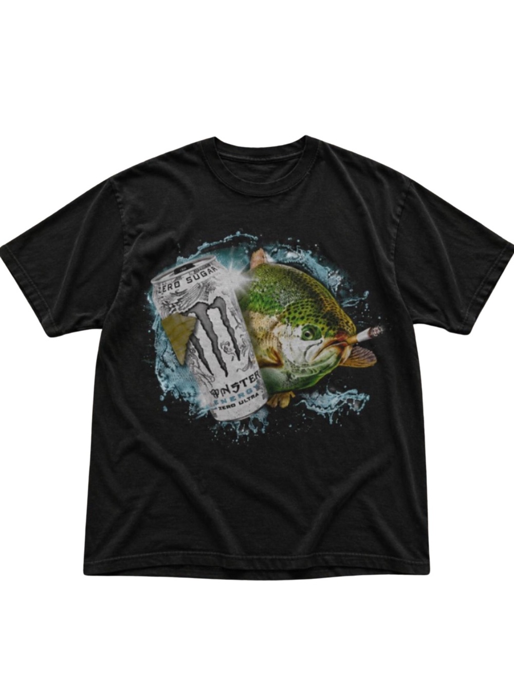 Black Fishing Graphic T-Shirt with Green Fish and Can Print